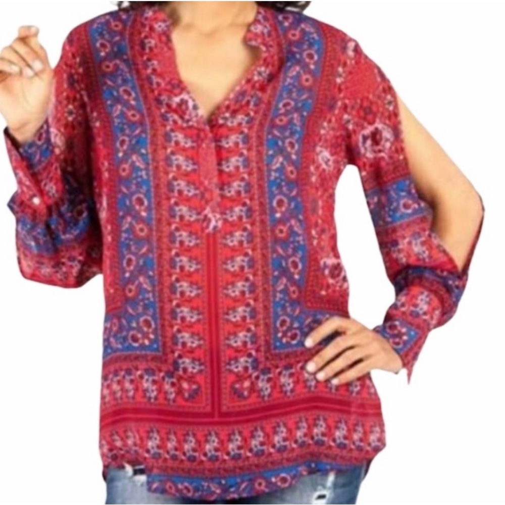 KUT Red and Blue V-Neck Long Benica Slit Sleeve Blouse